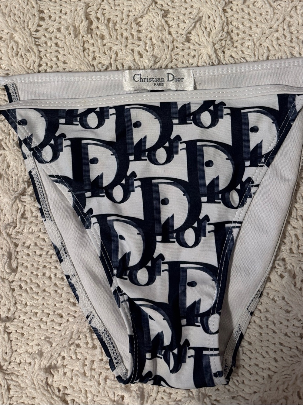 Dior Women White and Navy Logo Tie-Side Bikini Bottom